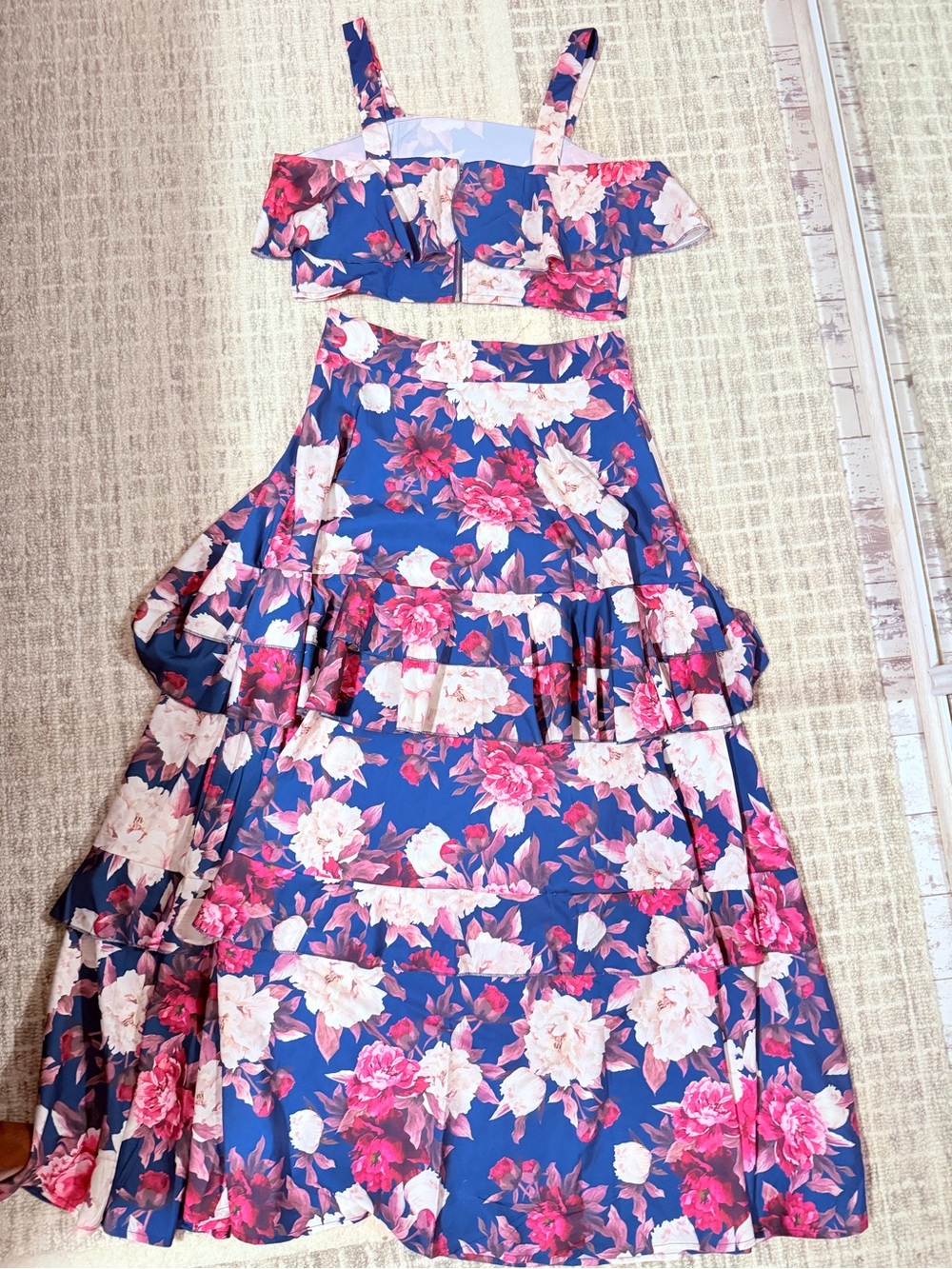 Two-Piece Floral Crop Top & Tiered Maxi Skirt - Navy & Pink